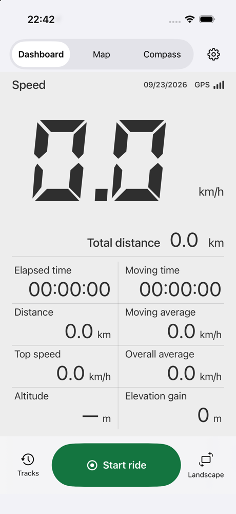 App cycling dashboard with speed, time, distance and elevation