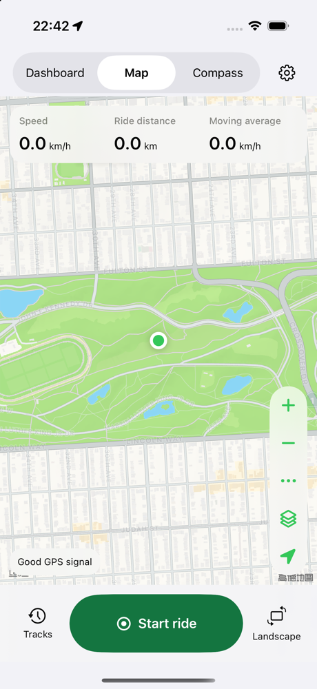 English app map screen with ride metrics and a simulated location